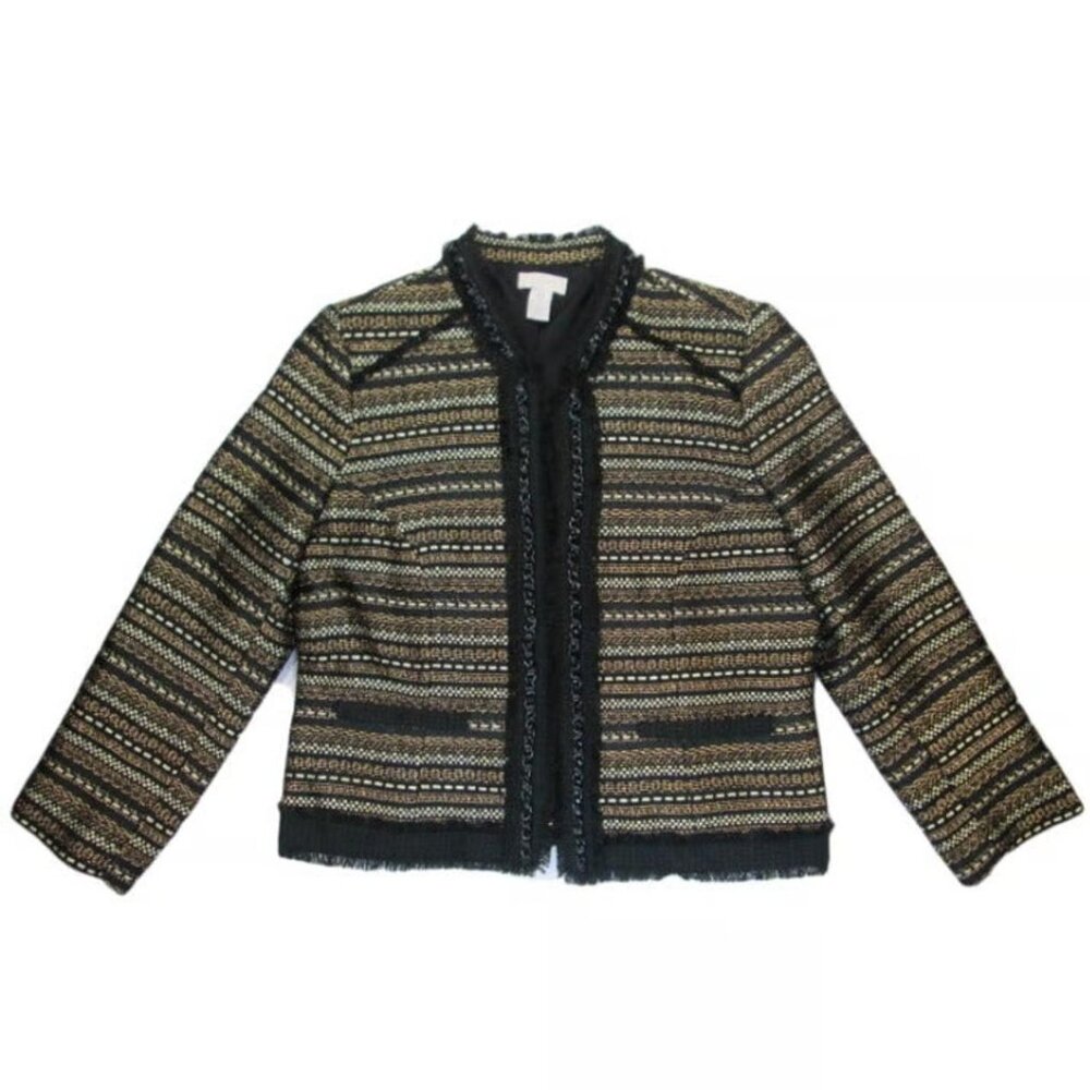 Chicos 0 Metallic Gold Black Tweed Stripe Chain Trim Open Front Jacket Blazer
